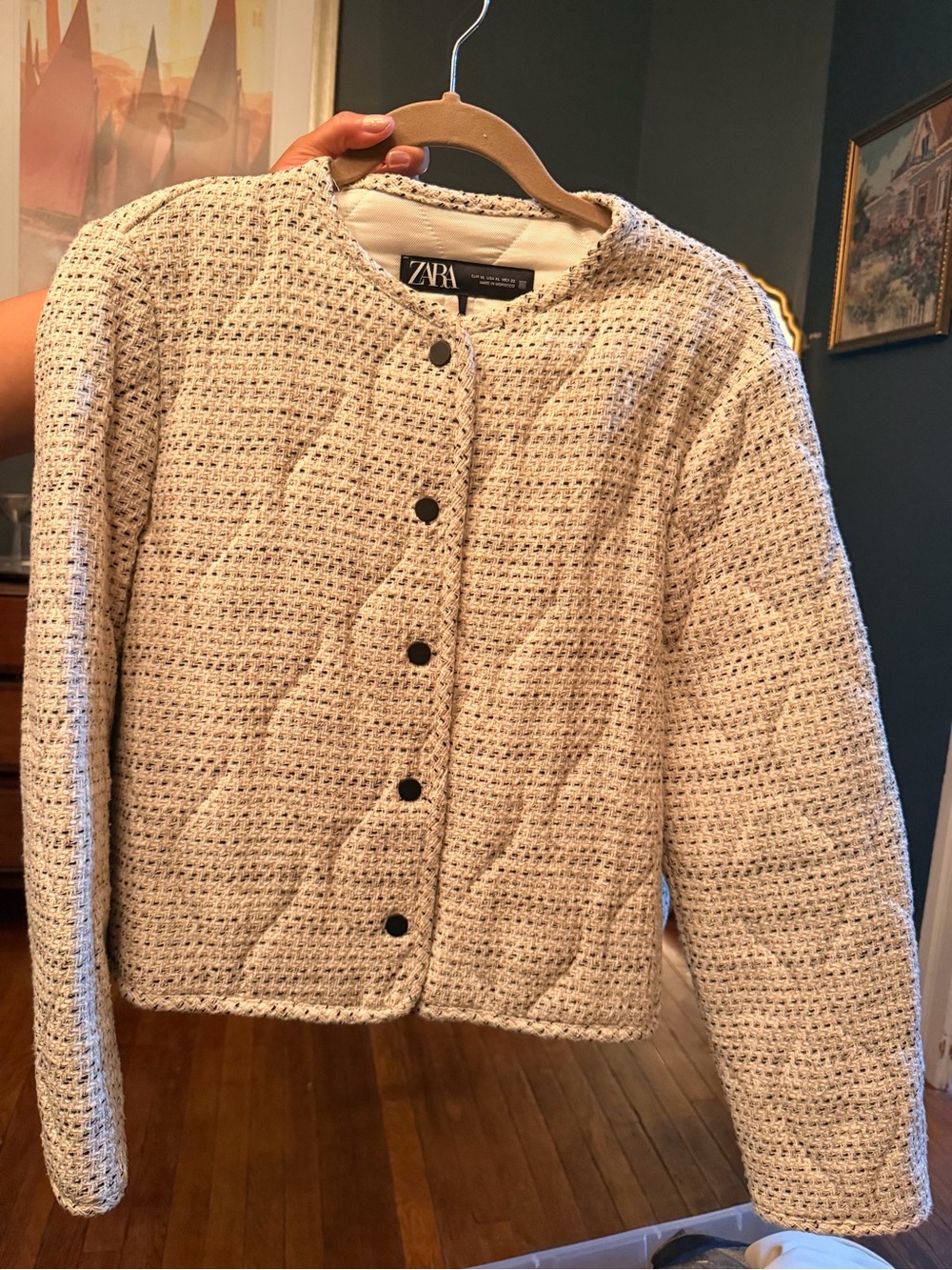 Zara Cream Quilted Tweed Blazer Jacket